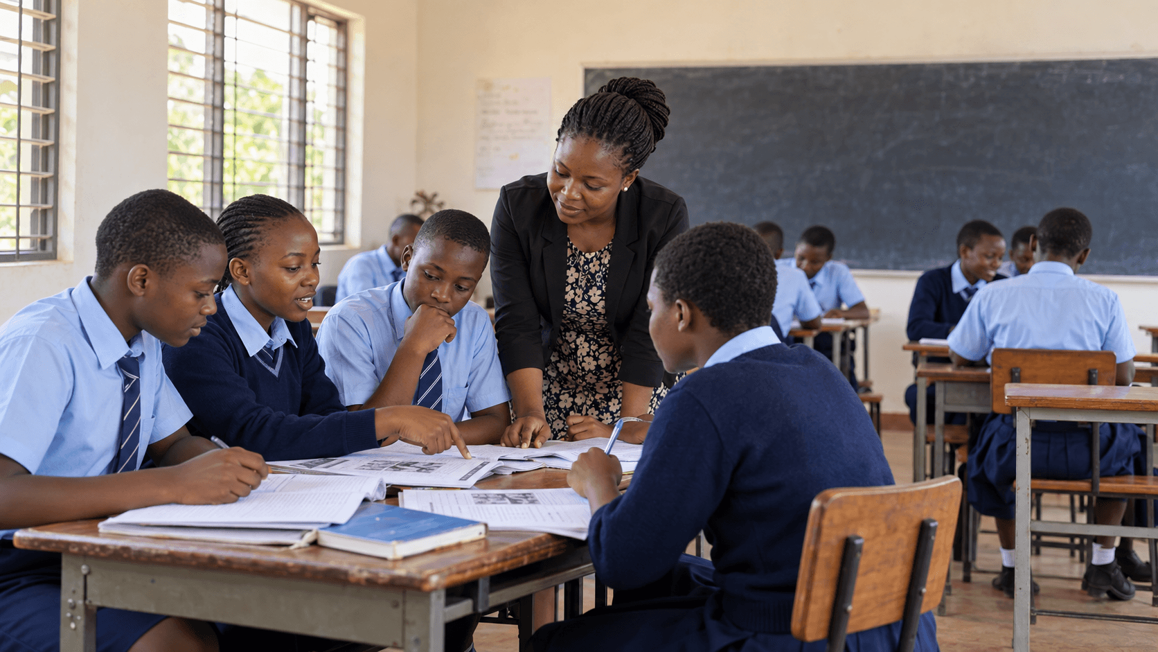 Illustrative scene of a teacher guiding a classroom activity