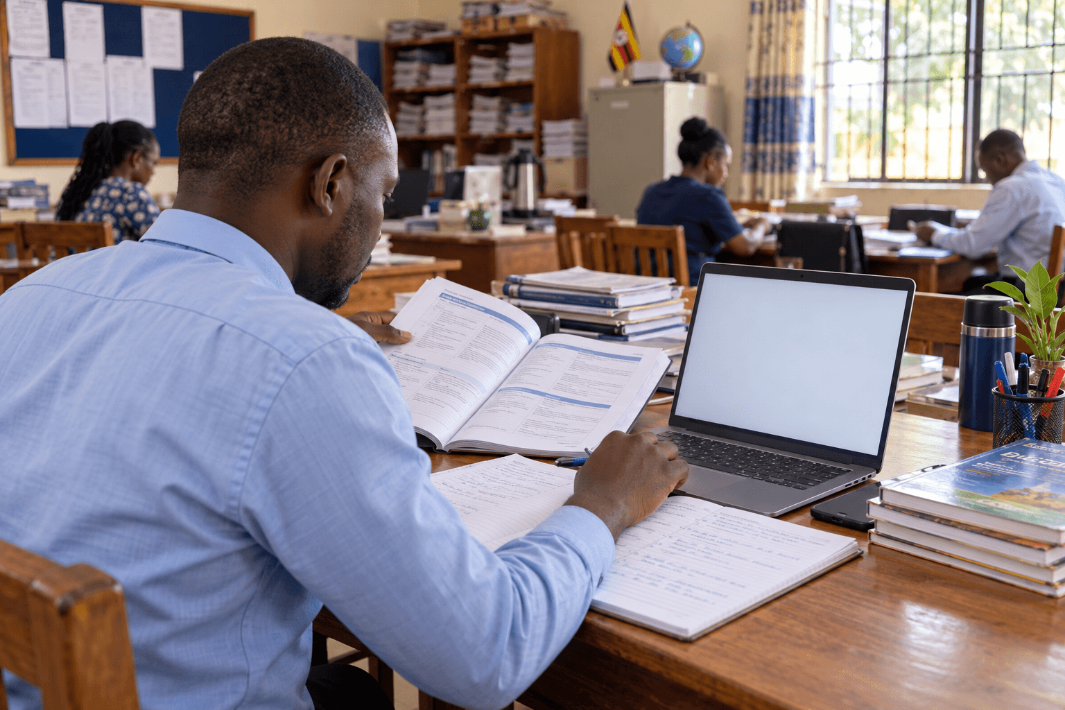 Illustrative image of a teacher preparing a lesson with curriculum materials