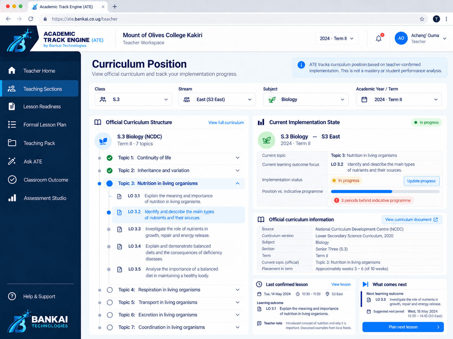 ATE curriculum position screen showing the current academic context
