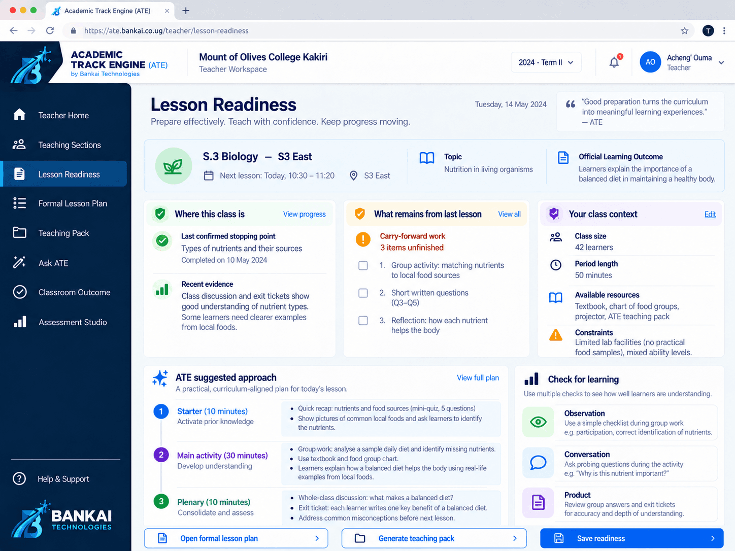 ATE Lesson Readiness screen showing a curriculum-grounded lesson preparation view