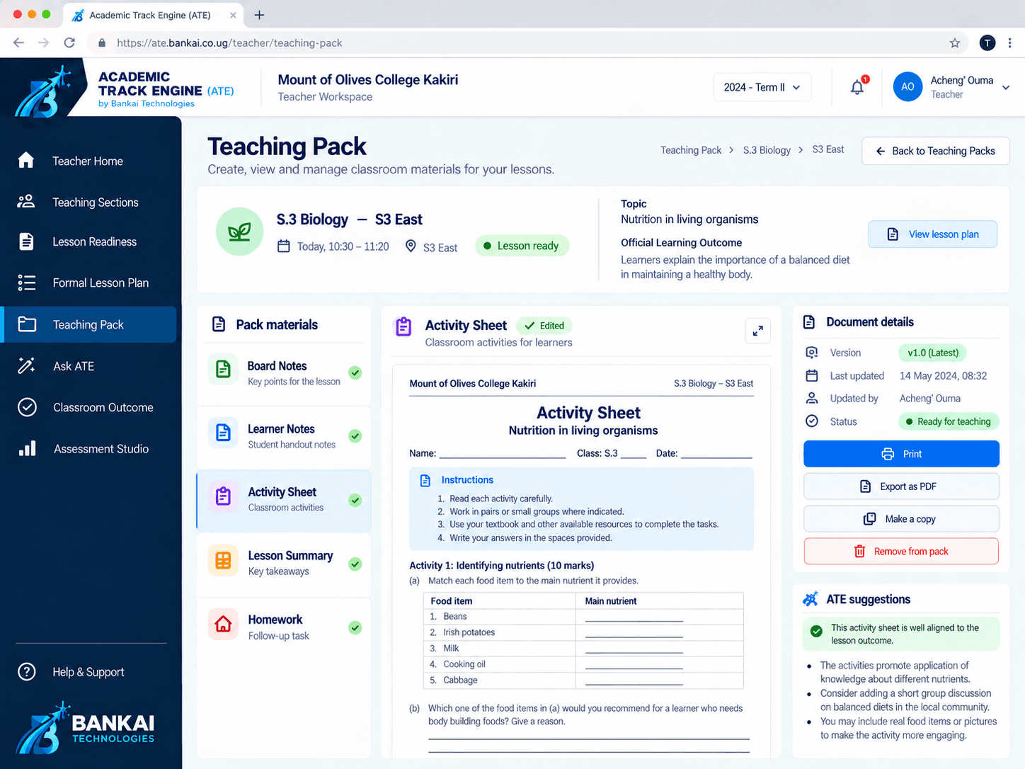 ATE Teaching Pack screen showing lesson materials