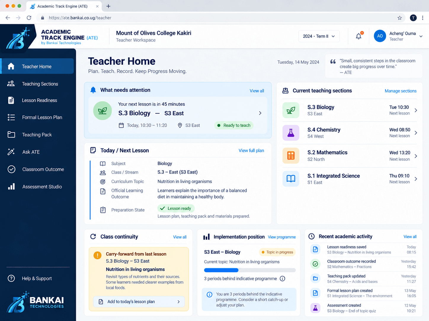 ATE teacher workspace showing upcoming lesson preparation