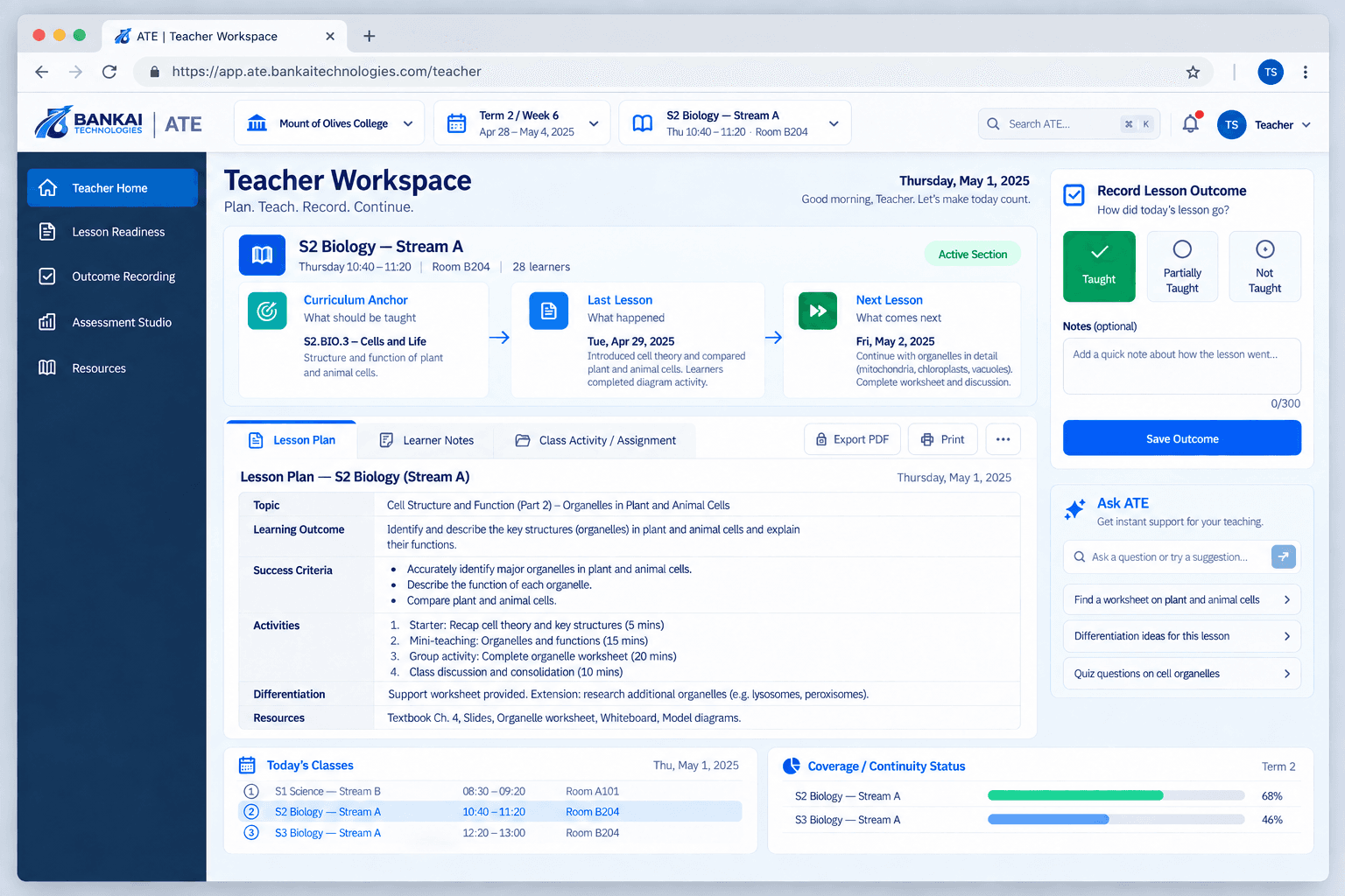 Academic Track Engine teacher workspace showing lesson planning, classroom outcome recording and continuity status